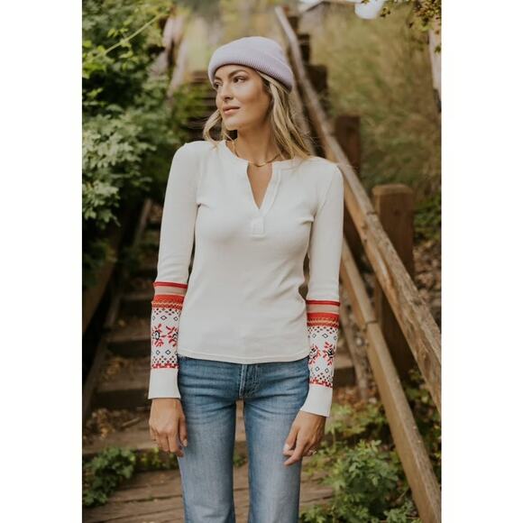 Free People Tops - Free People Mikah Notch Neck Top Thermal Long Sleeve Cream Size Large